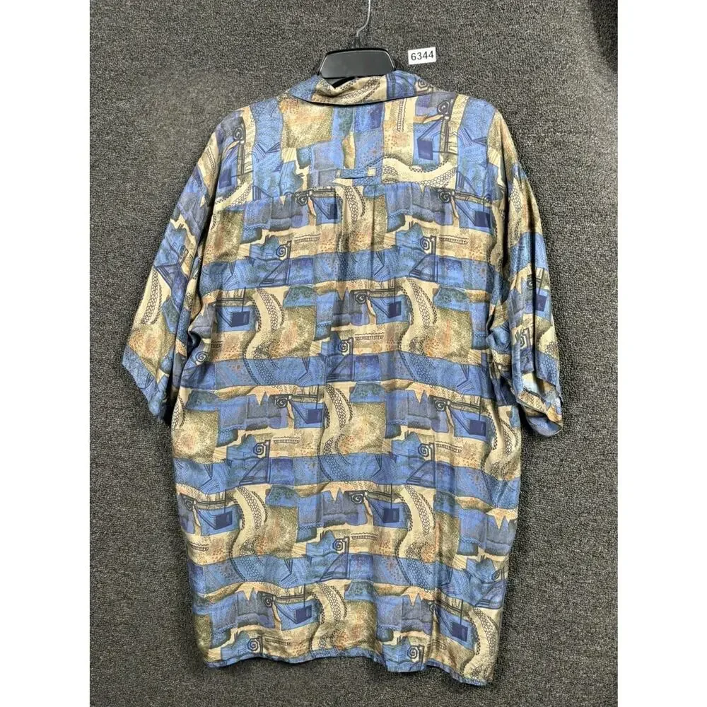 La Seine 100% Silk Button Up Shirt Mens XL Geometric Blue Multi Short Sleeves